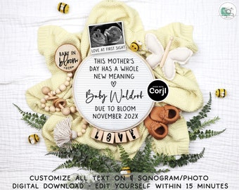 Mother's Day Pregnancy Announcement Digital, Spring Baby in Bloom Announcement, Social Media Baby Reveal Ideas, Flowers Bees Butterflies