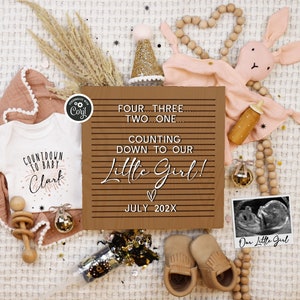 May include: A brown wooden sign with white text that reads "Four...Three...Two...One...Counting Down To Our Little Girl!" with a heart and the date "July 202X". The sign is surrounded by baby items including a white onesie with the text "Countdown To Baby Clark", a pink bunny rattle, a wooden rattle, a gold party hat, a pink and white blanket, a gold and black party popper, a pair of brown baby booties, and a black and white ultrasound image with the text "Our Little Girl".