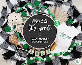 St Patricks Day Digital Pregnancy Announcement, St Paddys Baby Announcement, Editable Gender Neutral Template, Keeping a Wee Little Secret