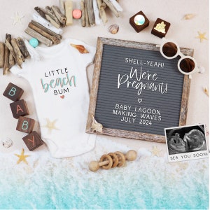 Funny Beach Pregnancy Announcement, Digital Summer Baby Reveal, Little Beach Bum, Gender Neutral Tropical Baby Announcement, Seashell Baby