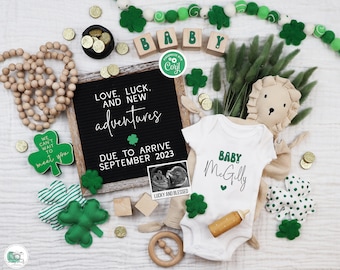 St Patricks Day Pregnancy Announcement Digital, St Paddys First Baby Announcement, Boho Gender Neutral Template, Love Luck & New Adventures