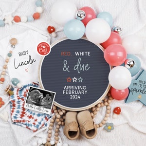 Red White & Due Pregnancy Announcement, Digital Retro Patriotic Fourth of July Baby Reveal, Editable Muted 4th July Gender Neutral Template