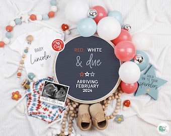 Red White & Due Pregnancy Announcement, Digital Retro Patriotic Fourth of July Baby Reveal, Editable Muted 4th July Gender Neutral Template