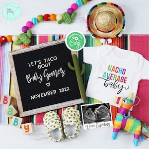 Cinco De Mayo Pregnancy Announcement, Taco &#39;Bout a Baby Pregnancy Reveal, Fiesta We&#39;re Expecting Baby Reveal Template, Bright Baby Reveal