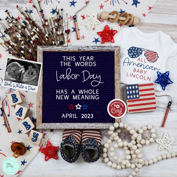 Editable Boho Labor Day Pregnancy Announcement, Digital Patriotic Labor