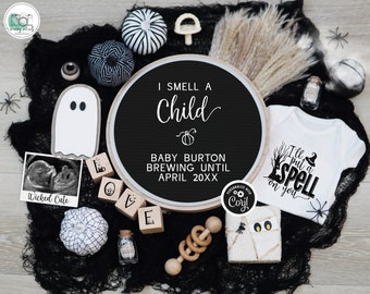 Halloween Pregnancy Announcement, Digital Spooky Baby Reveal, I Smell a Child Pregnancy Announcement, Black White Boho Gender Neutral Baby