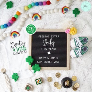 May include: A white onesie with the text "Expecting a little shamrock" and a rainbow graphic. A black letter board with the text "Feeling extra lucky this year! Baby Murphy September 2021". Green felt shamrocks, a pot of gold coins, and a pair of green baby shoes.