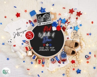 Red White & Due Pregnancy Announcement, Digital Twinkle Lights Patriotic Fourth of July Baby Reveal, July 4th Firecracker Gender Neutral