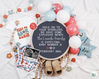 Fourth of July Pregnancy Announcement, Digitial Retro Patriotic Baby Reveal, 4th July Gender Neutral Social Media Template, Red White & Due