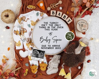 Thanksgiving Pregnancy Announcement Fall Digital Baby Announcement Editable Template Instant Download Gender Neutral Reveal Little Turkey