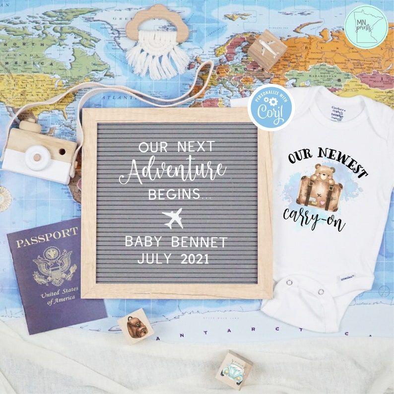 Travel Pregnancy Announcement, Newest Carry-On Digital Pregnancy Announcement, Our Next Adventure Social Media Pregnancy Announcement image 2