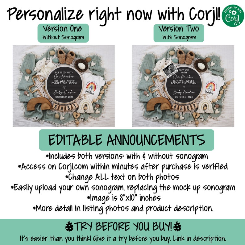 May include: Two digital images of a baby announcement. The images are set up with a variety of baby items, including a rainbow, a wooden baby block, a wooden cross, a white onesie, a pair of baby shoes, a nest, and a chalkboard sign. The sign reads "Blessed with our rainbow, but we will never forget the storm, Baby Header, October 2023". The image on the left does not include a sonogram, while the image on the right includes a sonogram.