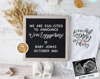 Annonce de grossesse de Pâques numérique, modèle d'annonce de grossesse sur les réseaux sociaux, printemps Boho bébé révèlent, nous sommes Eggspecting, Letterboard
