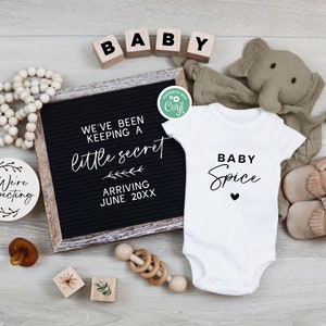 May include: A black letter board with the text "We've been keeping a little secret arriving June 20XX". A wooden round sign with the text "We're Expecting" is on the left. A white onesie with the text "Baby Spice" is in the center. A stuffed elephant toy is on the right.