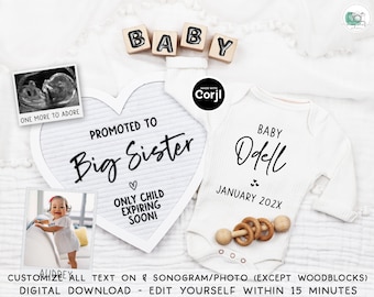 Promoted to Big Sister or Brother Minimalist Pregnancy Announcement Digital Boho 2nd Baby Announcement Social Media Reveal Editable Template