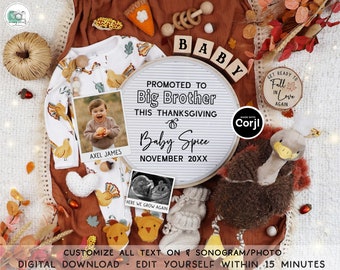 Thanksgiving Big Sister or Big Brother Digital Pregnancy Announcement, Fall Turkey 2nd Pregnancy Reveal, Here We Grow Again Baby Reveal