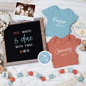 4th of July Twins Pregnancy Announcement, Digital Patriotic Twin Reveal, Editable Social Media Announcement Template, Red White Due with Two