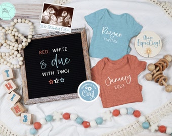 4th of July Twins Pregnancy Announcement, Digital Patriotic Twin Reveal, Editable Social Media Announcement Template, Red White Due with Two