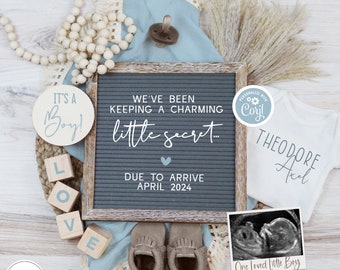 May include: A baby announcement with a letter board that reads "We've been keeping a charming little secret... Due to arrive April 2024". There is a wooden circle that says "It's a Boy!" and a white onesie with the name "Theodore Axel" written on it. There is also a small ultrasound image with the text "One Loved Little Boy".