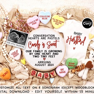 Pastel Valentines day Pregnancy Announcement Digital Baby Announcement Social Media Editable Template Letter Board Family Growing Two Feet