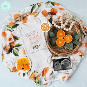 Tangerine Pregnancy Announcement Digital, Editable We&#39;ve Been Keeping a Juicy Secret Baby Reveal, Cutie Pregnancy Social Media Template