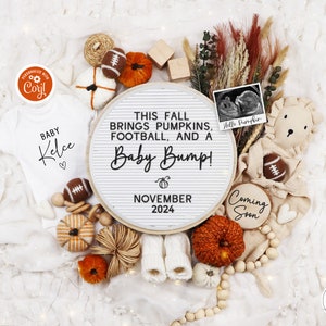 Fall Football Pregnancy Announcement Digital Autumn Baby Announcement Social Media Gender Reveal Neutral Pumpkins Football Baby Bump