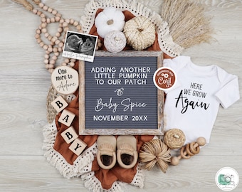 Herbst Schwangerschaft Reveal - Kürbis Patch hier wachsen wir wieder Babymitteilung bearbeitbare digitale Vorlage