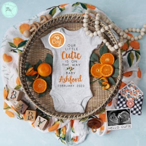 Cutie Pregnancy Announcement Digital, Editable Our Little Cutie on the Way Baby Reveal, Orange Clementine Pregnancy Social Media Template