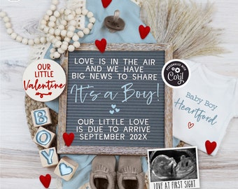 Boy Valentines Day Pregnancy Announcement Digital Valentine Baby Boy Announcement Editable Boy Social Media Template Love is in the Air