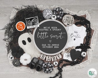 Eerie Halloween Pregnancy Announcement Digital Spooky Baby Reveal Spooky Little Secret Gender Neutral Reveal Black White Editable Template