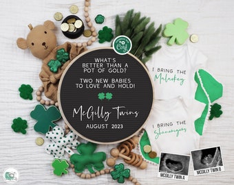 St Patricks Day Twins Pregnancy Announcement Digital, Funny St Paddys Twin Reveal, Gender Neutral, Pot of Gold, Malarkey & Shenanigans