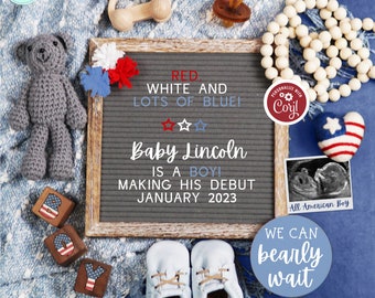Boy Patriotic Pregnancy Announcement Digital, It's a Boy Gender Reveal 4th of July Announcement, Red White & Blue Memorial Day Baby Reveal