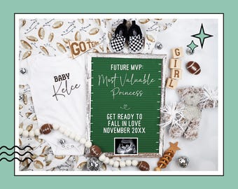 Girl Football Pregnancy Announcement: Cheerleader Princess Gender Reveal, Canva Template (Digital)