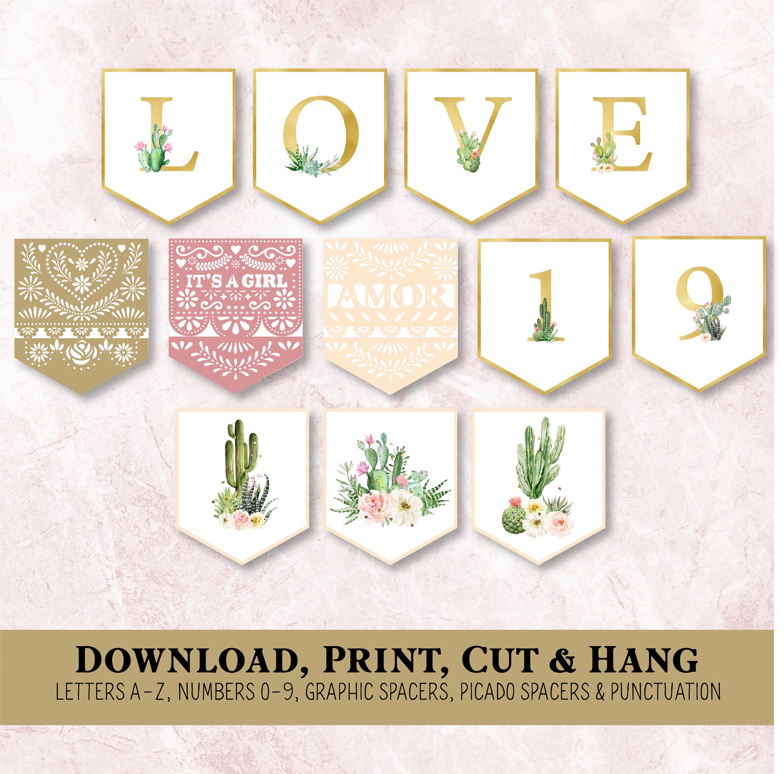 Printable Fiesta Banner Cactus Floral Bunting Banner Blush | Etsy