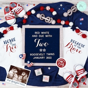 4th of July Twins Pregnancy Announcement, Digital Patriotic Twin Reveal, Editable Social Media Announcement Template, Red White Due with Two
