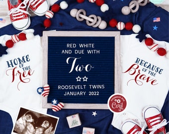 4th of July Twins Pregnancy Announcement, Digital Patriotic Twin Reveal, Editable Social Media Announcement Template, Red White Due with Two