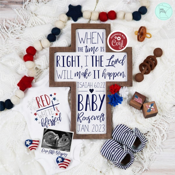 Boho 4th of July Pregnancy Announcement, Editable Memorial Day Baby Reveal, Isaiah 60:22 Christian Patriotic Pregnancy Announcement Template