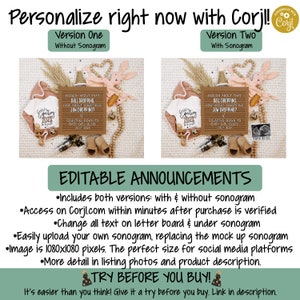 May include: Editable announcement for a baby girl's birth. The announcement features a letter board with the text "Enough about that ball dropping. How about something jaw dropping? Counting down to baby girl Clark July 2024". The announcement also includes a pink baby onesie, a bunny rabbit toy, a wooden rattle, and a sonogram image.