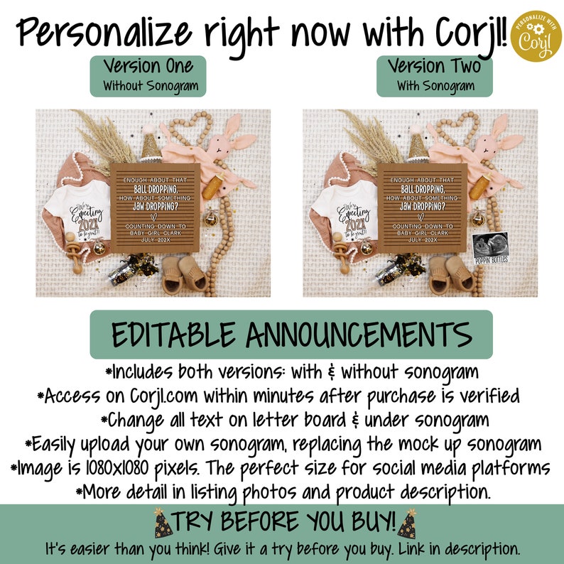 May include: Editable announcement for a baby girl's birth. The announcement features a letter board with the text "Enough about that ball dropping. How about something jaw dropping? Counting down to baby girl Clark July 2024". The announcement also includes a pink baby onesie, a bunny rabbit toy, a wooden rattle, and a sonogram image.