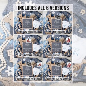 May include: Six different versions of a baby announcement featuring a chalkboard with the text "Santa is promoting Kevin to big brother. Baby boy due [date] effective June 2024."  The announcement also includes a white onesie with the text "Little Brother". The announcement is surrounded by blue and white decorations, including a wooden reindeer, snowflakes, and beads.