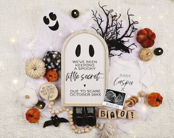Boho Halloween Pregnancy Announcement Digital Pumpkins Baby Reveal Spooky Little Secret Gender Neutral Reveal Black White Editable Template