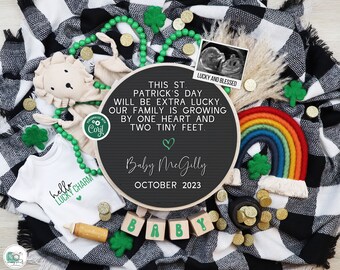 St Patricks Day Digital Pregnancy Announcement, St Paddys Baby Announcement, Editable Gender Neutral Template, Lucky Charm, Two Tiny Feet