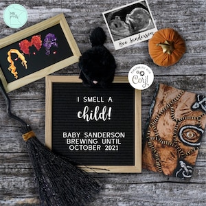 Anuncio de embarazo de Halloween para las redes sociales, Anuncio de bebé bruja digital, Brebaje de bruja espeluznante, Huelo a niño, Tablero de cartas