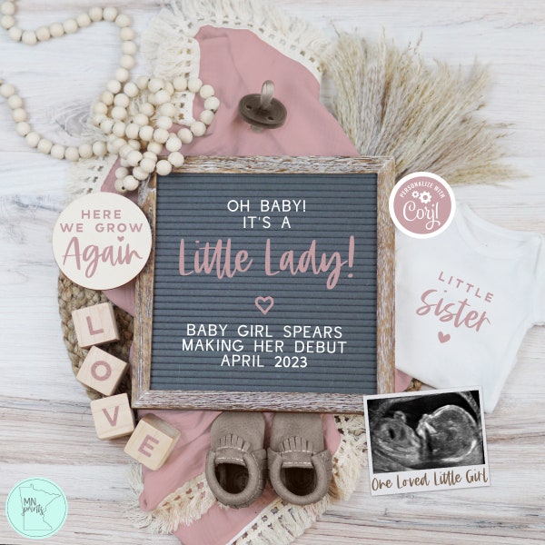 Little Sister Pregnancy Announcement, Digital It's a Girl Gender Reveal Baby Announcement, Boho Blush Pink Baby Girl Reveal for Social Media