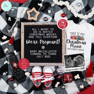 Anuncio de embarazo de películas navideñas, anuncio de bebé navideño editable digital, tablero de cartas de revelación de bebé en redes sociales de película navideña