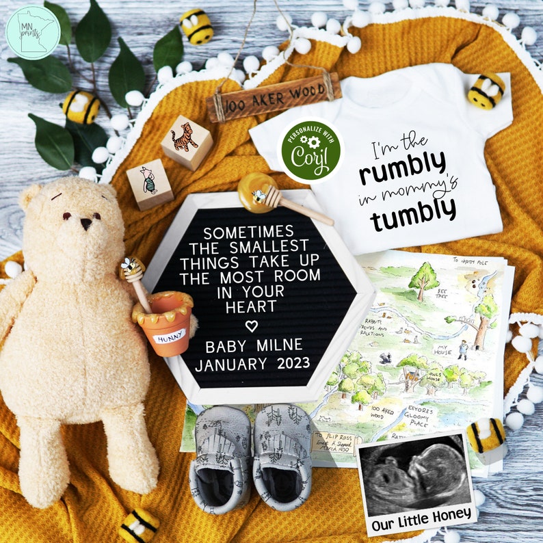 Classic Winnie-the-Pooh Pregnancy Announcement Digital, Funny Hunny Bear Themed Baby Reveal, Spring Pregnancy Announcement for Social Media image 1