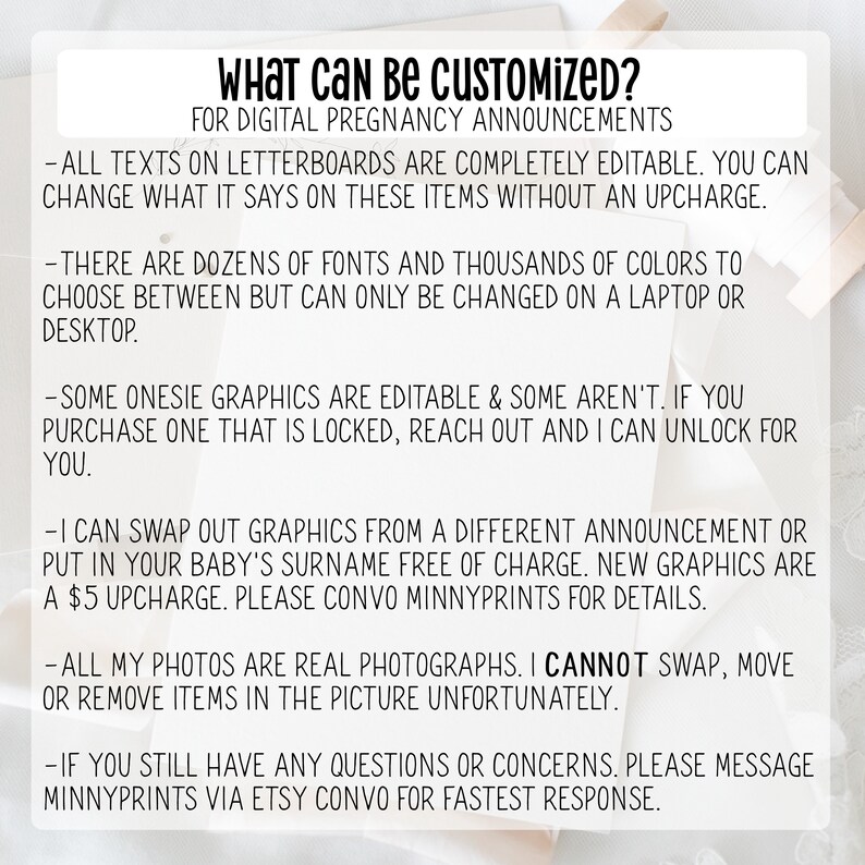 May include: Text on a white background with a list of customization options for digital pregnancy announcements. The text says "What can be customized? For digital pregnancy announcements." and includes details about fonts, colors, graphics, and photos.