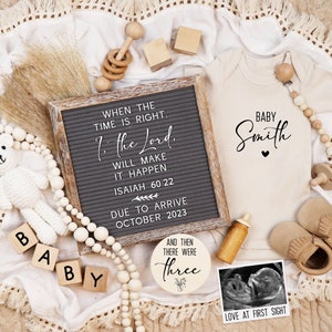 Christian Pregnancy Announcement Digital, Editable Isaiah 60:22 Boho Bear Baby Announcement, Gender Neutral Pregnancy Reveal Template image 1