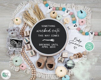 Digital Pregnancy Announcement, Pastel Halloween Pregnancy Reveal, Boho Fall Wicked Cute This Way Comes Baby Reveal, Gender Neutral Reveal