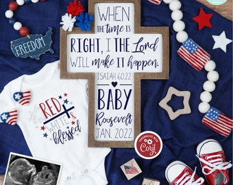 4th of July Pregnancy Announcement, Editable Memorial Day Baby Reveal, Isaiah 60:22 Christian Patriotic Pregnancy Announcement Template